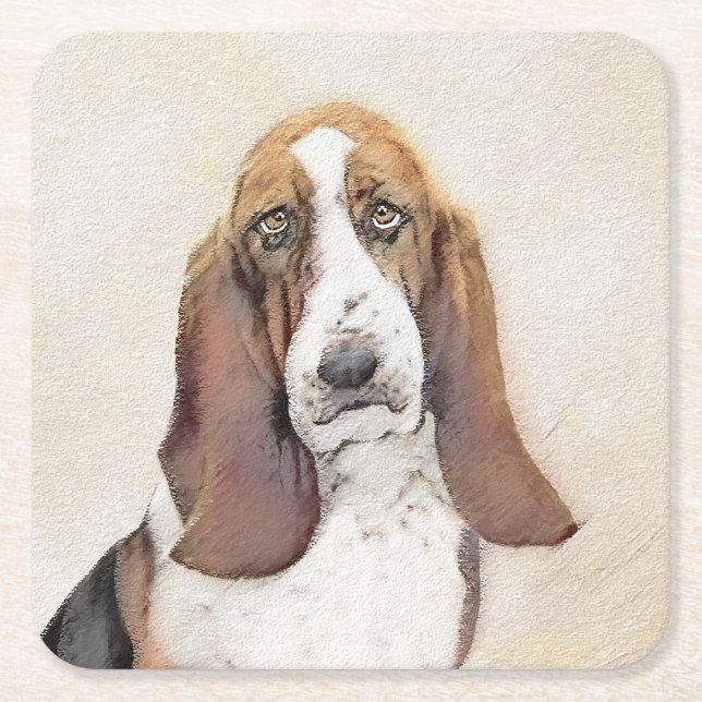 Basset Hound Malerei - Niedliche Original Hunde Ku Rechteckiger Pappuntersetzer (Vorderseite)