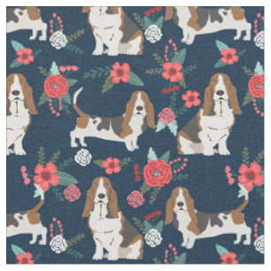 Basset Hound Marine und rosa Blüten Stoff