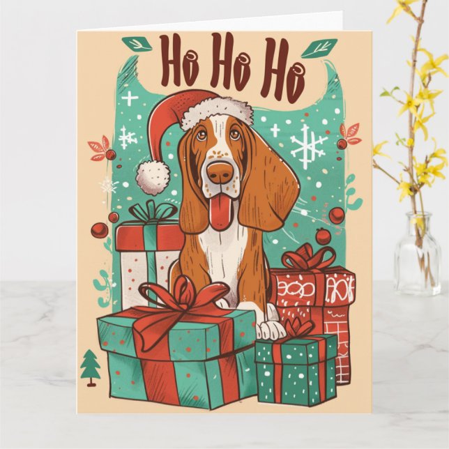 Basset Hound mit Geschenkboxen Weihnachten Karte (Gelbe Blume)