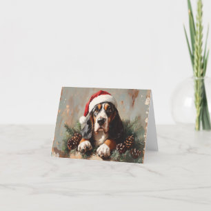 Basset Hound mit Santa-Mütze Ölmalerei Feiertagskarte