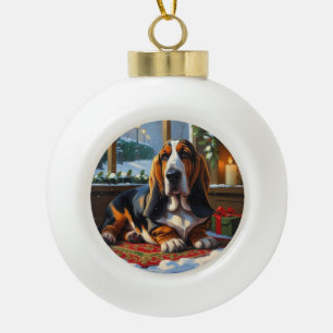 Basset Hound mit Weihnachtsbeleuchtung Urlaub Keramik Kugel-Ornament
