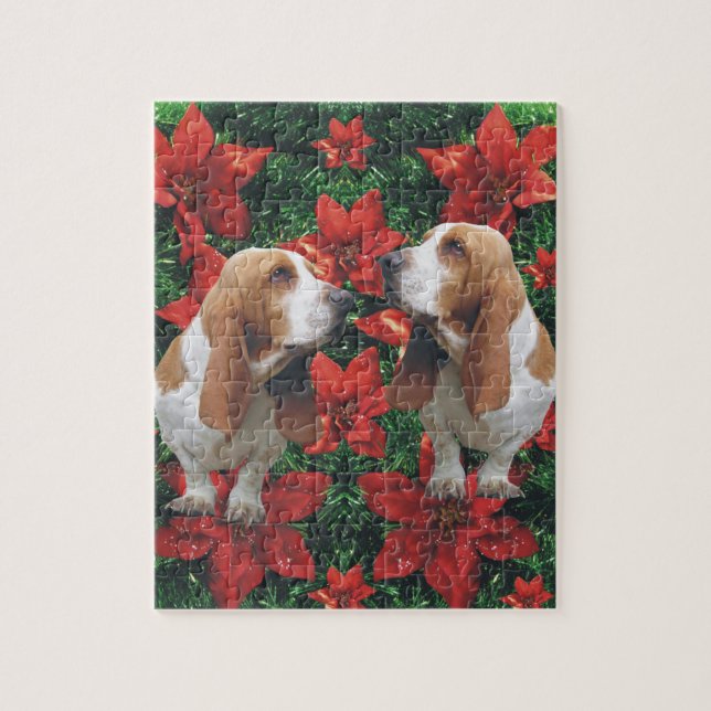 Basset Hound-Poinsettia-Weihnachten (Vertikal)