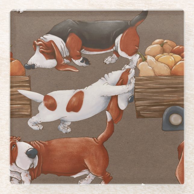 Basset Hound Pumpkin Harvest Pattern Glasuntersetzer (Vorderseite)