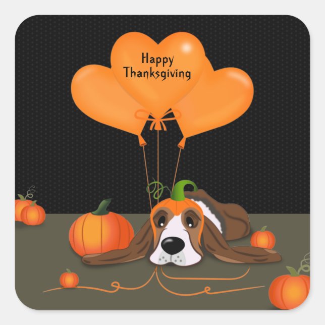 Basset Hound Pumpkin Hat Quadratischer Aufkleber (Vorderseite)