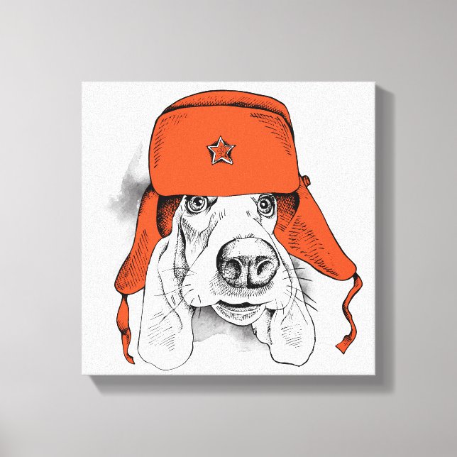 Basset Hound | Red Ushanka Hat Leinwanddruck (Vorderseite)