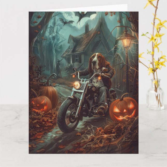 Basset Hound Riding Motorrad Halloween Beängstigen Karte (Gelbe Blume)
