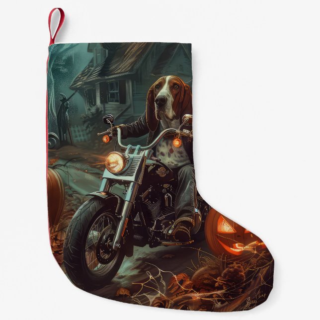 Basset Hound Riding Motorrad Halloween Beängstigen Kleiner Weihnachtsstrumpf (Vorderseite)