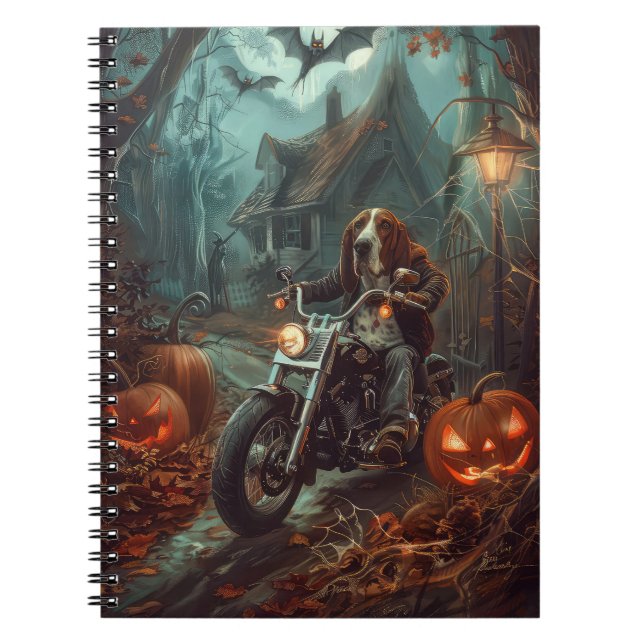 Basset Hound Riding Motorrad Halloween Beängstigen Notizblock (Vorderseite)