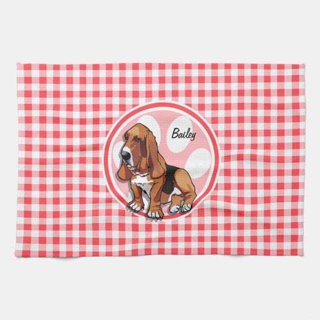 Basset Hound; Rot und Weiß Gingham Geschirrtuch (Horizontal)