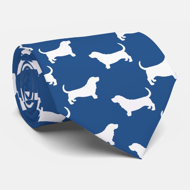 Basset Hound Silhouetten Muster Weiß und Blau Krawatte (Gerollt)