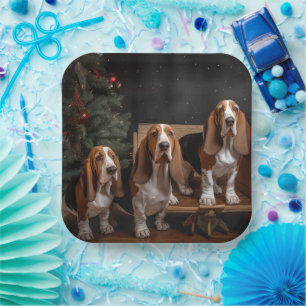 Basset Hound Snowy Sleigh Weihnachtsdekor Pappteller