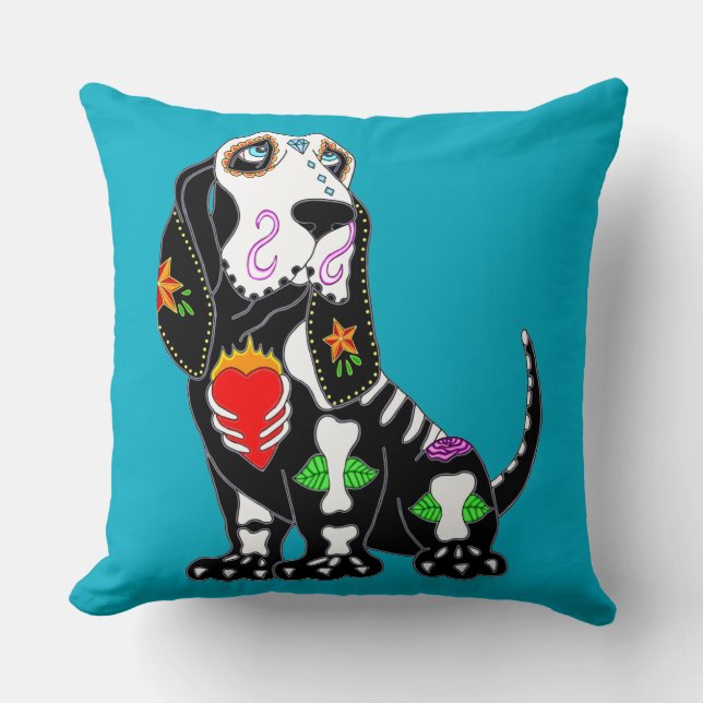 Basset Hound Sugar Skull Kissen (Vorderseite)