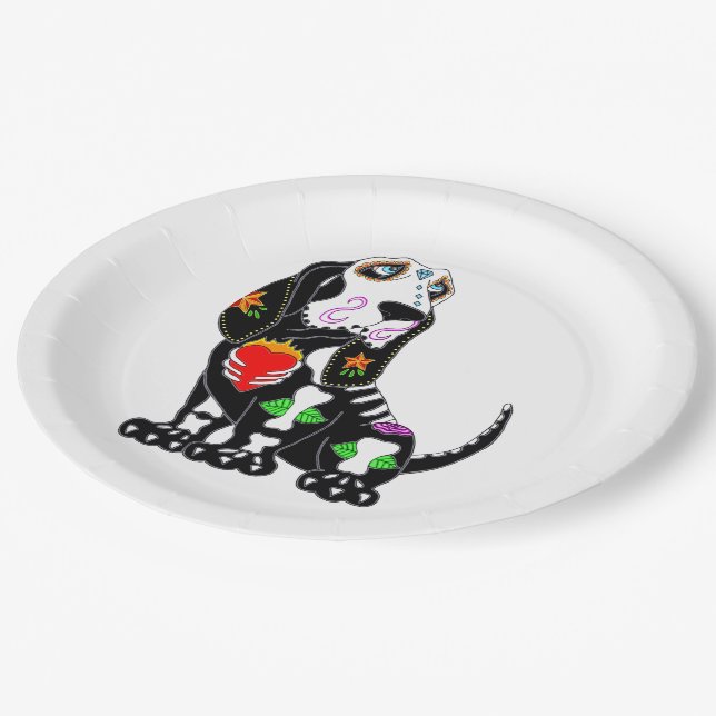 Basset Hound Sugar Skull Pappteller (Schrägansicht)