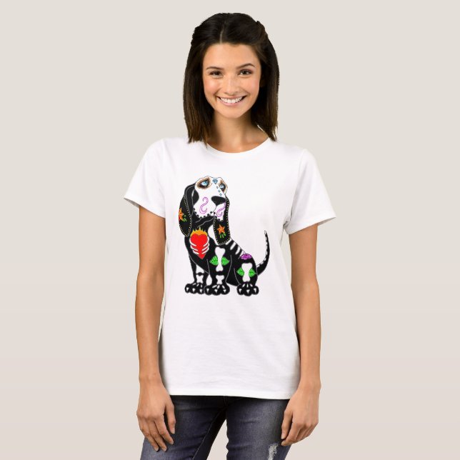 Basset Hound Sugar Skull T-Shirt (Vorne ganz)