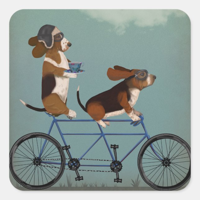 Basset Hound Tandem Quadratischer Aufkleber (Vorderseite)