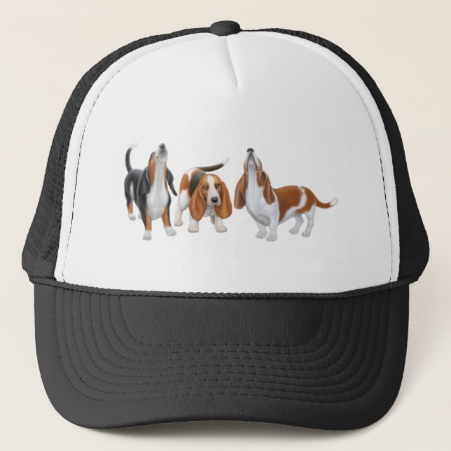 Basset Hound-Trio-Hut Truckerkappe (Vorderseite)