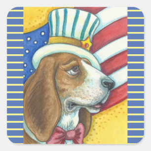 BASSET HOUND UNCLE SAM, CHIENS STICKERS Squ. * Feu