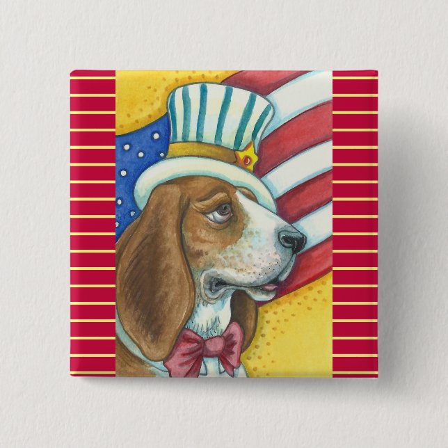 BASSET HOUND UNCLE SAM, PATRIOTIC DOG BUTTON Squ (Vorderseite)