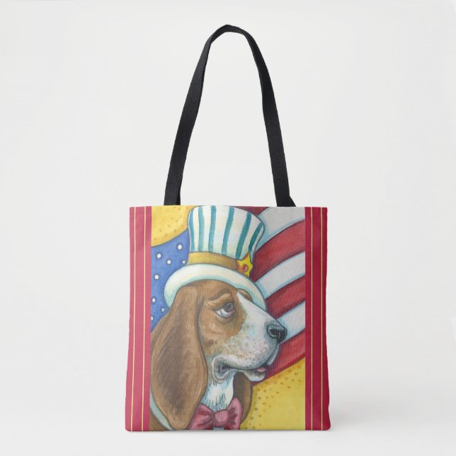 BASSET HOUND UNCLE SAM, PATRIOTISCHER HUND TOT BAG TASCHE (Vorderseite)