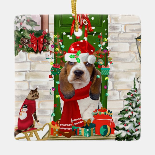 Basset Hound Weihnachten Keramikornament (Vorderseite)