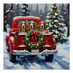 Basset Hound Weihnachten Rotes Lastwagen Ferien Poster