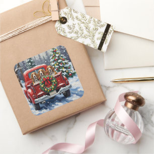Basset Hound Weihnachten Rotes Lastwagen Ferien Quadratischer Aufkleber
