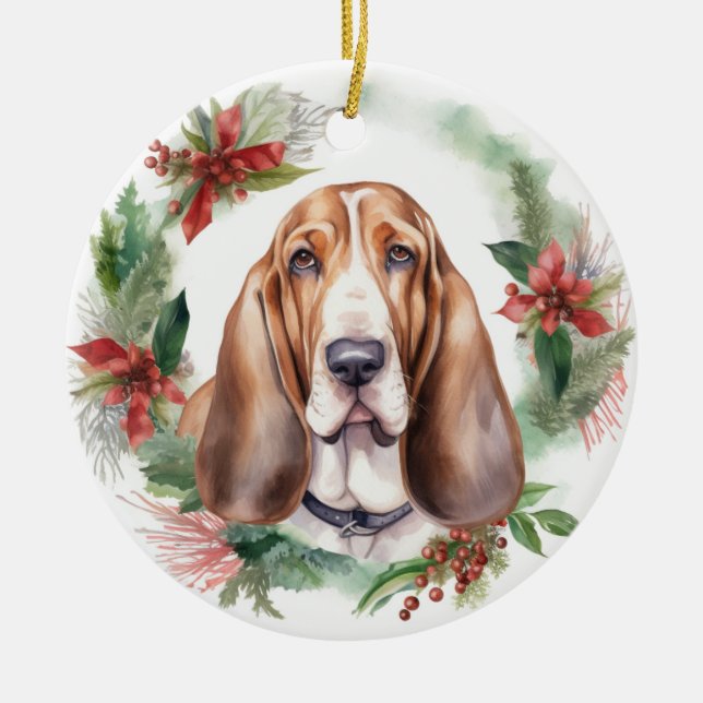 Basset Hound Weihnachtsfeiertag Festliche Jungfrau Keramik Ornament (Vorne)