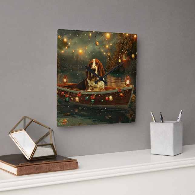 Basset Hound Weihnachtsfest Reise Quadratische Wanduhr (Büro)