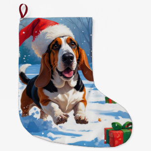 Basset Hound Weihnachtsfest Schnee Szene Großer Weihnachtsstrumpf