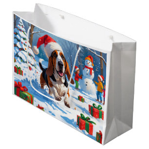 Basset Hound Weihnachtsfestliche Schneeszene Große Geschenktüte