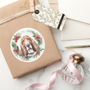 Basset Hound Weihnachtskranz Festlicher Hund Runder Aufkleber