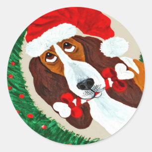 Basset Hound Weihnachtskranz Runder Aufkleber