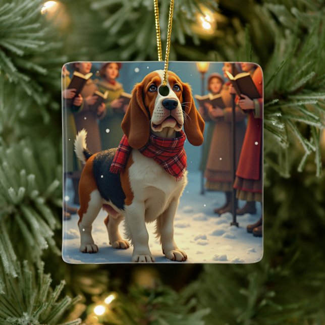 Basset Hound Weihnachtslied Sänger Malerei Keramikornament (Baum)