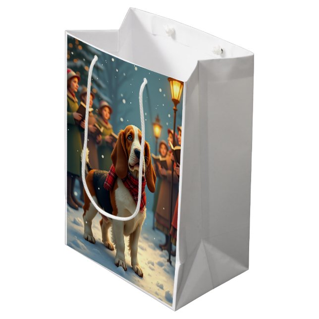 Basset Hound Weihnachtslied Sänger Malerei Mittlere Geschenktüte (Vorderseite Schrägansicht)