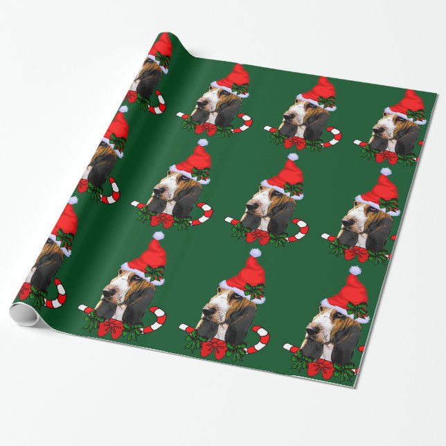 Basset Hound Weihnachtsmannmütze Weihnachten Geschenkpapier (Ungerollt)