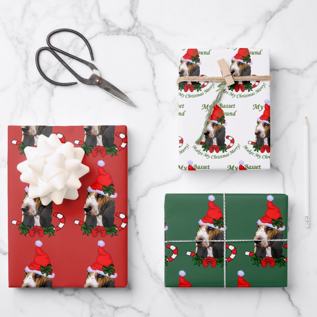 Basset Hound Weihnachtsmannmütze Weihnachten Geschenkpapier Set (Vorderseite)