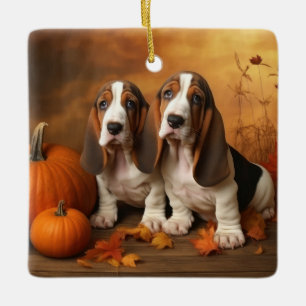Basset Hound Welpe Herbstfreude Kürbis Keramikornament