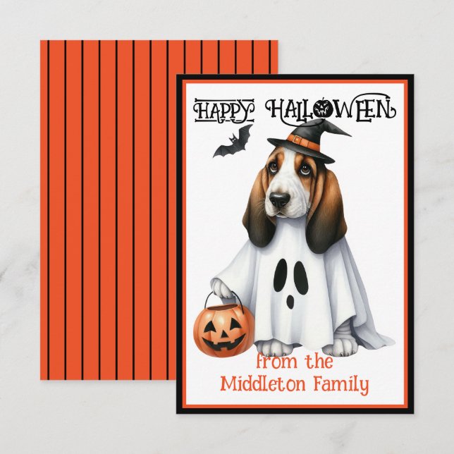 Basset Hound Welpe Hund glücklich Halloween Mitteilungskarte (Vorne/Hinten)