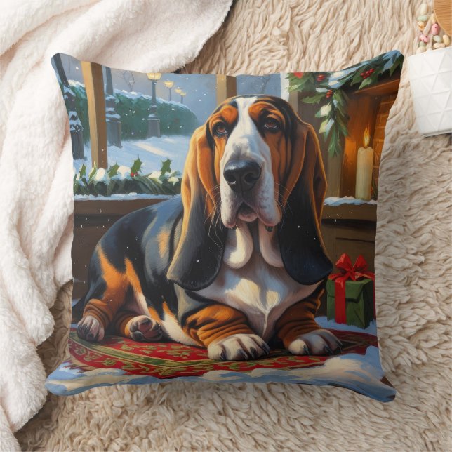 Basset Hound With Christmas Lights Holiday  Kissen (Decke)