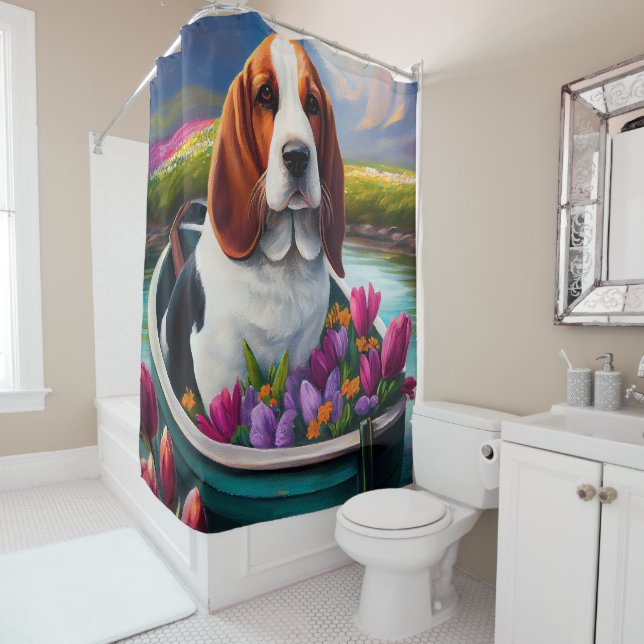 Basset Hund auf einem Paddle: Ein Landschaftliches Duschvorhang (Beispiel)