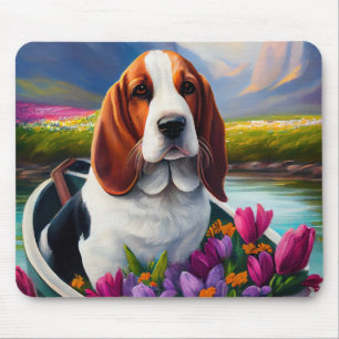 Basset Hund auf einem Paddle: Ein Landschaftliches Mousepad