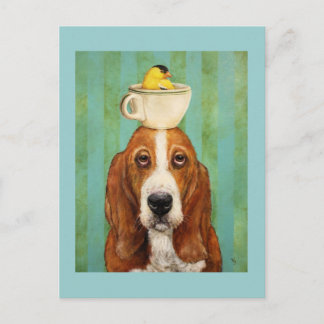 Basset-Hund mit Goldfinch in Teacup-Postkarte Postkarte