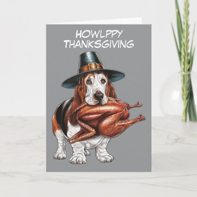 Basset-Hund mit Truthühner im Mund Erntedank Karte (Vorderseite)