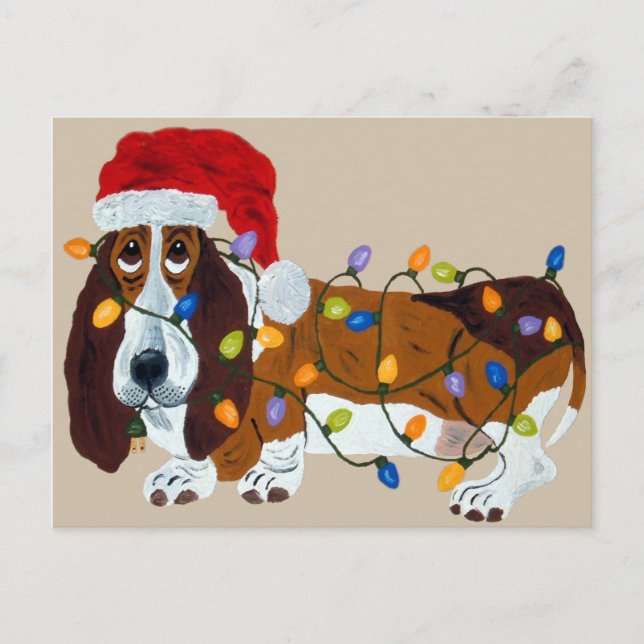 Basset in Weihnachtsbeleuchtung getanzt Feiertagspostkarte (Vorderseite)