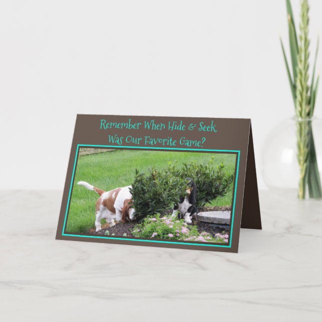 Basset Jouer "Cacher & Chercher" Sur Carte Anniver (Devant)