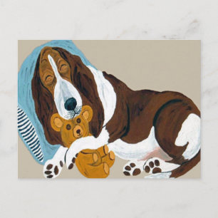 Basset schläft mit Teddy Postkarte