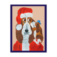 Basset-Welpe erzählt dem Weihnachtsmann seine Weih