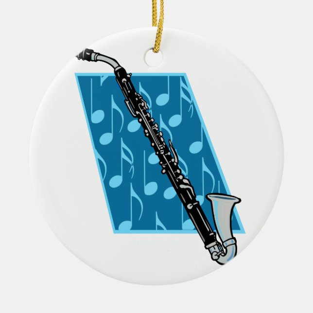 Bassklarinette mit blauem Hintergrund und Keramikornament (Vorne)