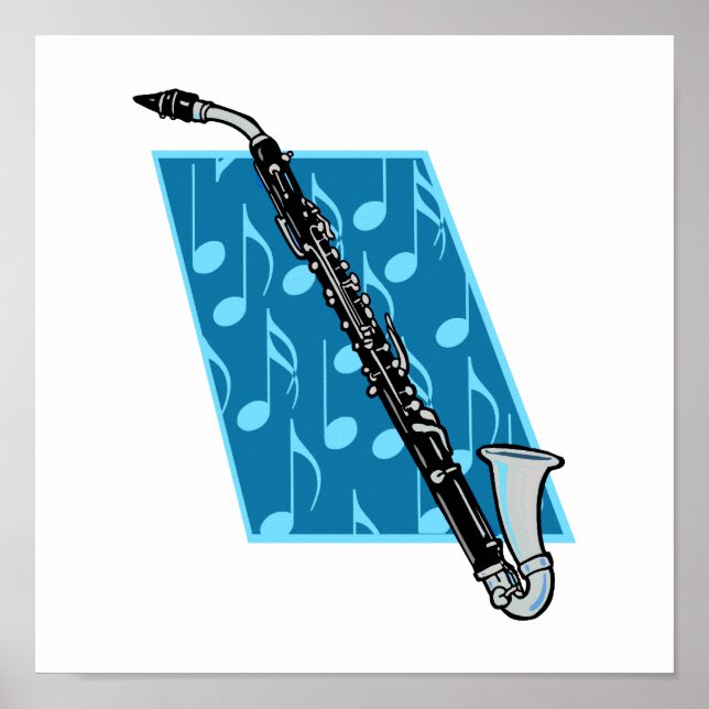 Bassklarinette mit blauem Hintergrund und Musiknot Poster (Vorne)