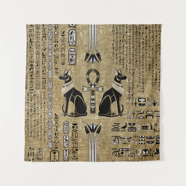 Bastet - Ägyptische Katzen und Ankh-Kreuz Wandteppich (Vorderseite)